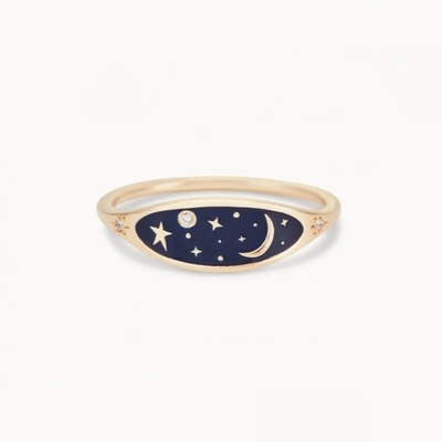 Hecho a mano 18K Oro Revestido de medianoche Azul Esmalte 925 de plata redonda Brillante CZ anillo de apilamiento para niñas