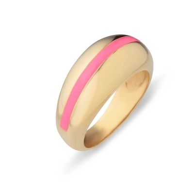 Venta al por mayor 18K Oro Revestido Rayas Rosa Cúpula de Esmalte 925 Plata Esterlina Anillo de Mujeres