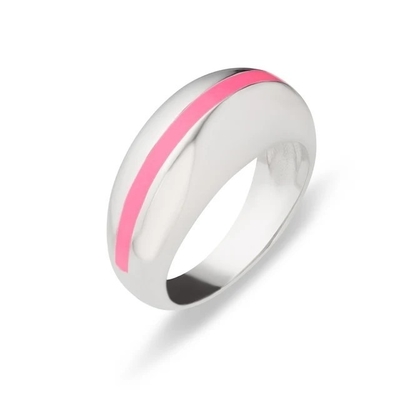 Venta al por mayor 18K Oro Revestido Rayas Rosa Cúpula de Esmalte 925 Plata Esterlina Anillo de Mujeres