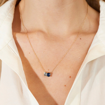 Venta caliente 925 Cushion de plata cortado zafiro y rectángulo cortado blanco zircón color bloque de zircón doble piedra colgante collares