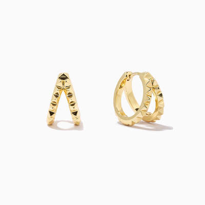 Pendientes Huggie Dobles de Plata de Ley 925 con Pirámide Única Chapados en Oro de 18K, Joyería Gruesa Impermeable