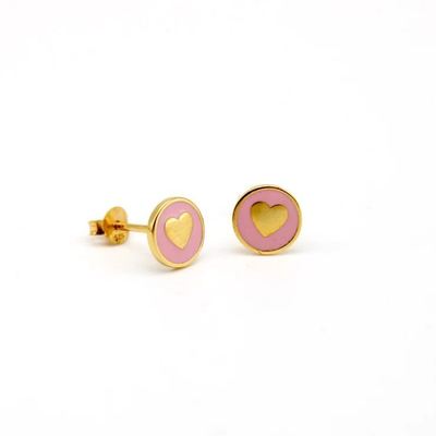Pendientes de botón de corazón de 8 mm de plata de ley 925 con esmalte rosa