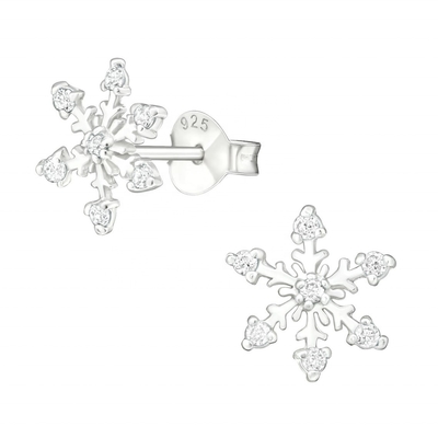 Pendientes de botón de copo de nieve de plata de ley 925 con baño de rodio y circonita cúbica, 2 g