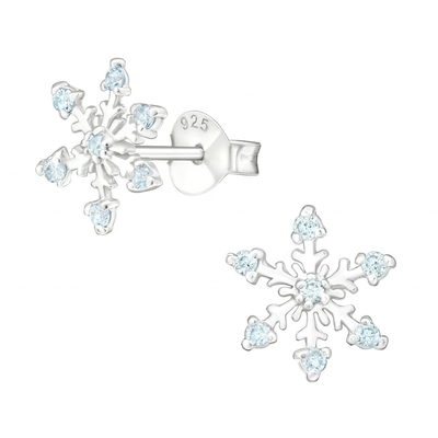 Pendientes de botón de copo de nieve de plata de ley 925 con baño de rodio y circonita cúbica, 2 g
