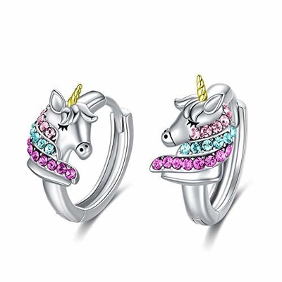 Pendientes de aro Huggie de unicornio de plata de ley 925 de 16 mm con circonitas rosas para niños