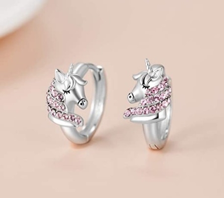 Pendientes de aro Huggie de unicornio de plata de ley 925 de 16 mm con circonitas rosas para niños