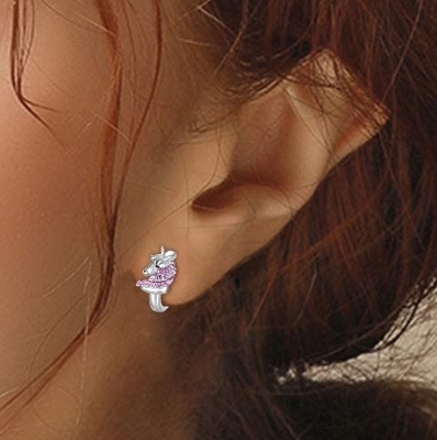 Pendientes de aro Huggie de unicornio de plata de ley 925 de 16 mm con circonitas rosas para niños