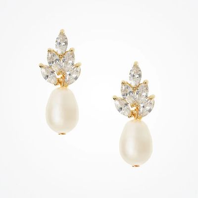 Handmade 18K Gold Plated Pearl Drop Earrings with White Glass Pearls for Bridal and Wedding