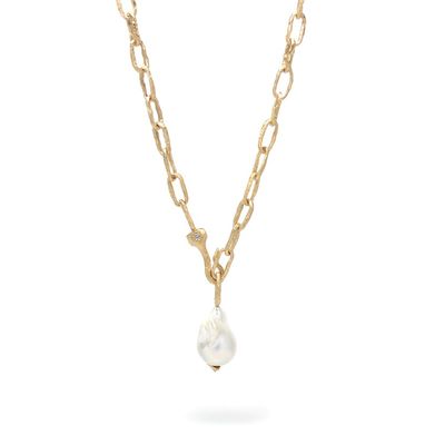 18K Gold Plated Natural Freshwater Baroque Pearl Necklace with Chunky Chain and CZ