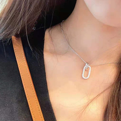 Minimalist Charm Paper Clip Pendant Necklace in Custom White Gold Plated 925 Sterling Silver with Trendy Style