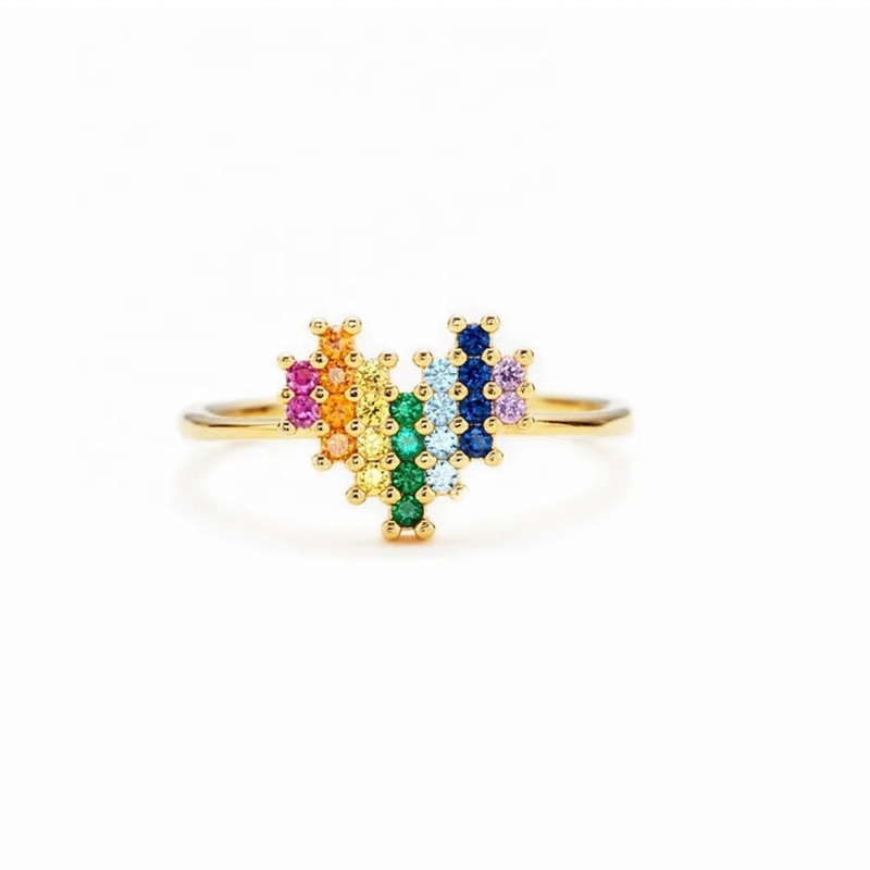 Anillo de compromiso de boda en oro 18K con diseño en forma de corazón lindo y arco iris