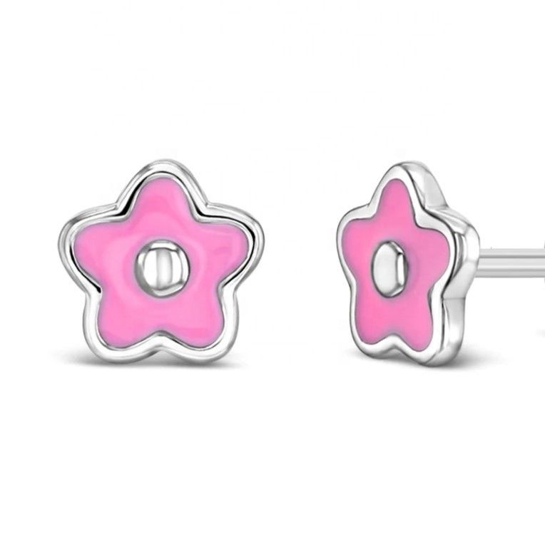 925 de plata esterlina 6mm rosado de esmalte de flores de auriculares con logotipo personalizado y evaluación de terceros para niños