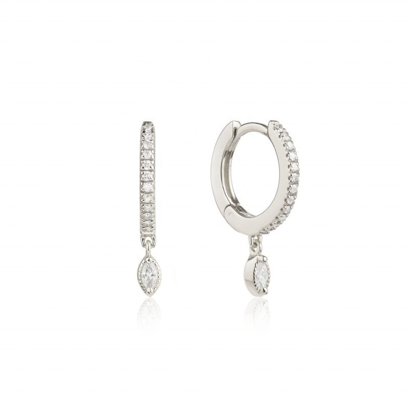 925 de plata esterlina Marqués corte de zircón Drop Hoop Aretes para la ocasión de compromiso con 12 mm de diámetro de aro y 2 mm de espesor