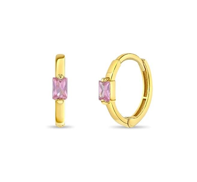 Pendientes de aro para niña con circonitas cúbicas rosas corte baguette de 10 mm chapados en oro de 14K con MOQ de 50 pares