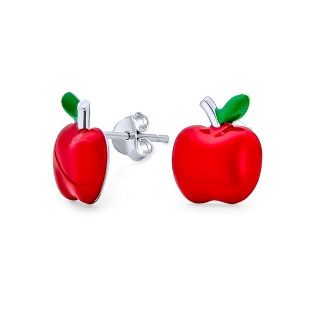 Deliciosos aretes de manzana de esmalte rojo y verde para niñas pequeñas en plata esterlina 925
