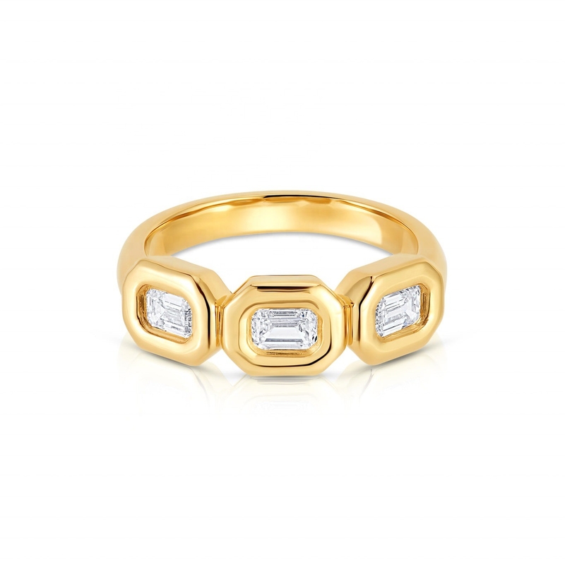 Anillo Triple Esmeralda de Plata Hecho a mano con Piedra de Zircón AAA y Configuración de bisel de oro de 14K