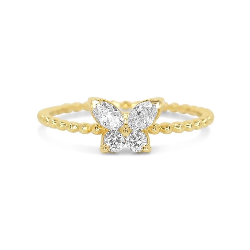 Anillo femenino de plata esterlina 925 con bola dorada de 18K hecha a mano y mariposa marquesa