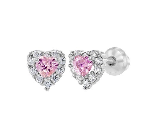 Corazón rosado dorado rosa CZ de tornillo de espalda auriculares para niños en plata esterlina 925