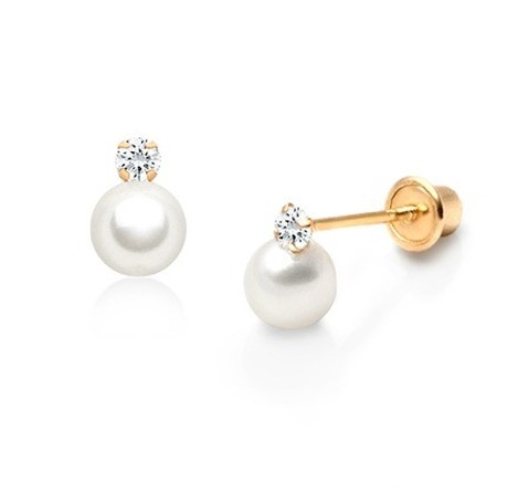 Niños Joyería Perla Caída de los aretes con tornillo atrás y Blanco CZ en 925 Sterling Silver