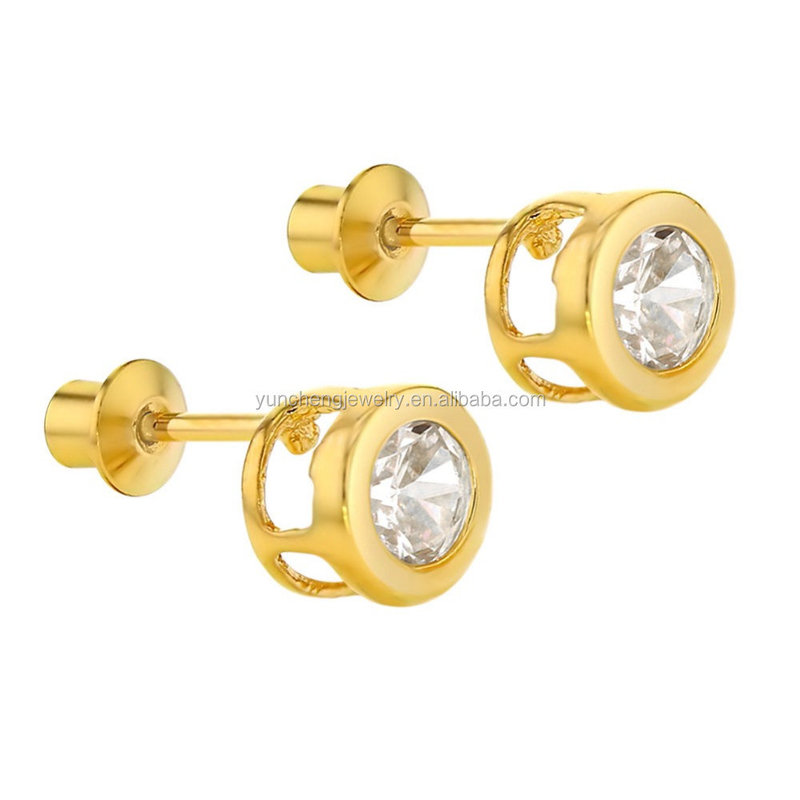 Confeccionado a mano 4 mm CZ claro Revestido de oro de orejas para bebés 925 joyas de plata