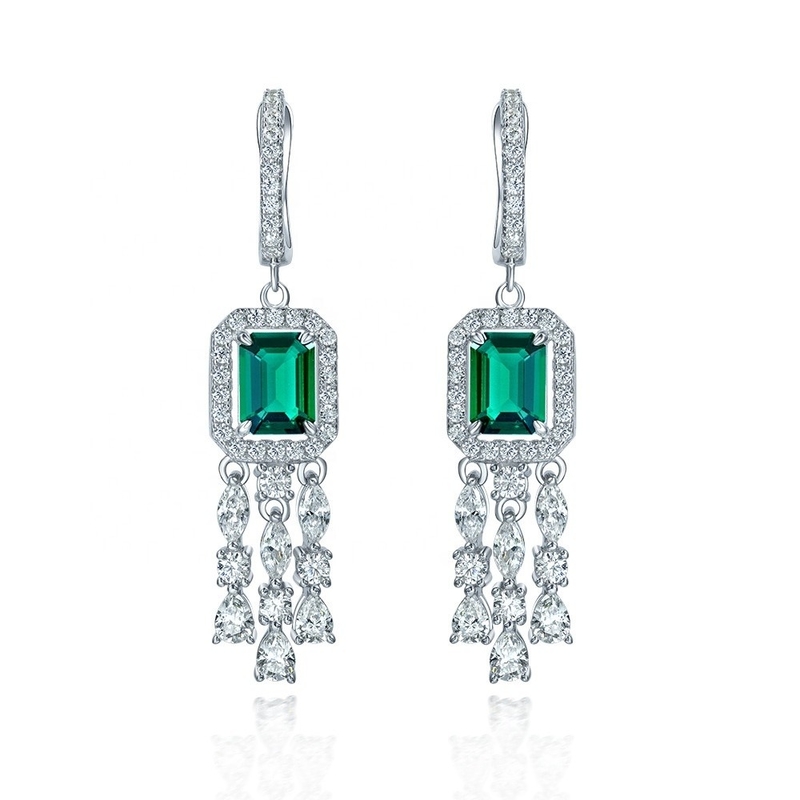 Real plata esterlina 925 Baguette verde CZ Diamante Long Hoop Aretes para el uso unisex
