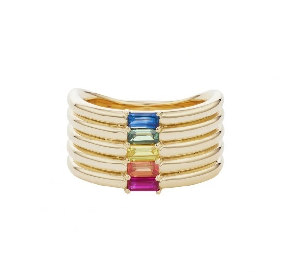 18K Oro Revestido Rainbow Baguette Corte CZ Multi Moda 925 Anillos de Mujeres de Plata Esterlina