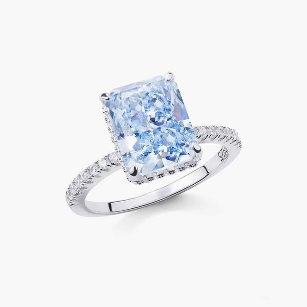 Bagueta plateada Diamante azul 5A Corte de hielo CZ Anillo de compromiso de boda para mujeres 925 plata esterlina