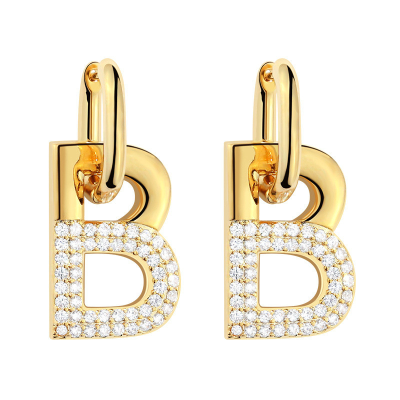 Accesorios para mujeres B Aretes de aro en latón con letra inicial personalizada y chapa de oro