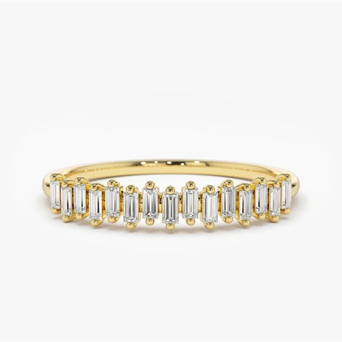 925 de plata CZ Diamante Baguette Anillo de la eternidad femenino con dorado amarillo