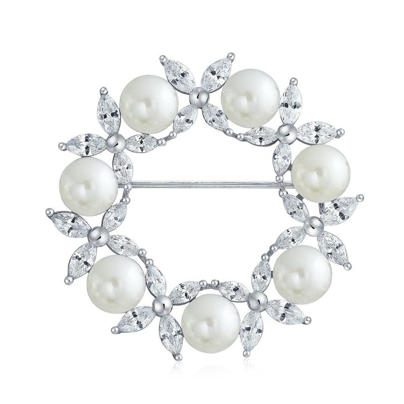 Broche de hojas doradas círculo de perlas blancas 925 de plata broches de lujo para mujeres