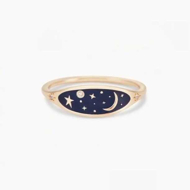 Hecho a mano 18K Oro Revestido de medianoche Azul Esmalte 925 de plata redonda Brillante CZ anillo de apilamiento para niñas