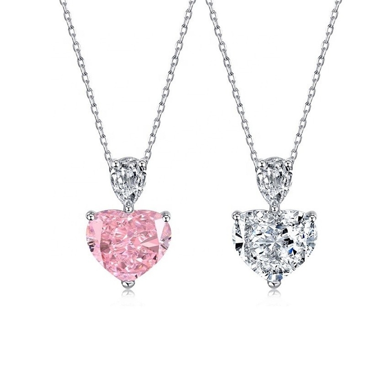 S925 Collar de plata esterlina para mujeres Corazón rosa Caída de pera blanca CZ Colgante Cadena de clavícula