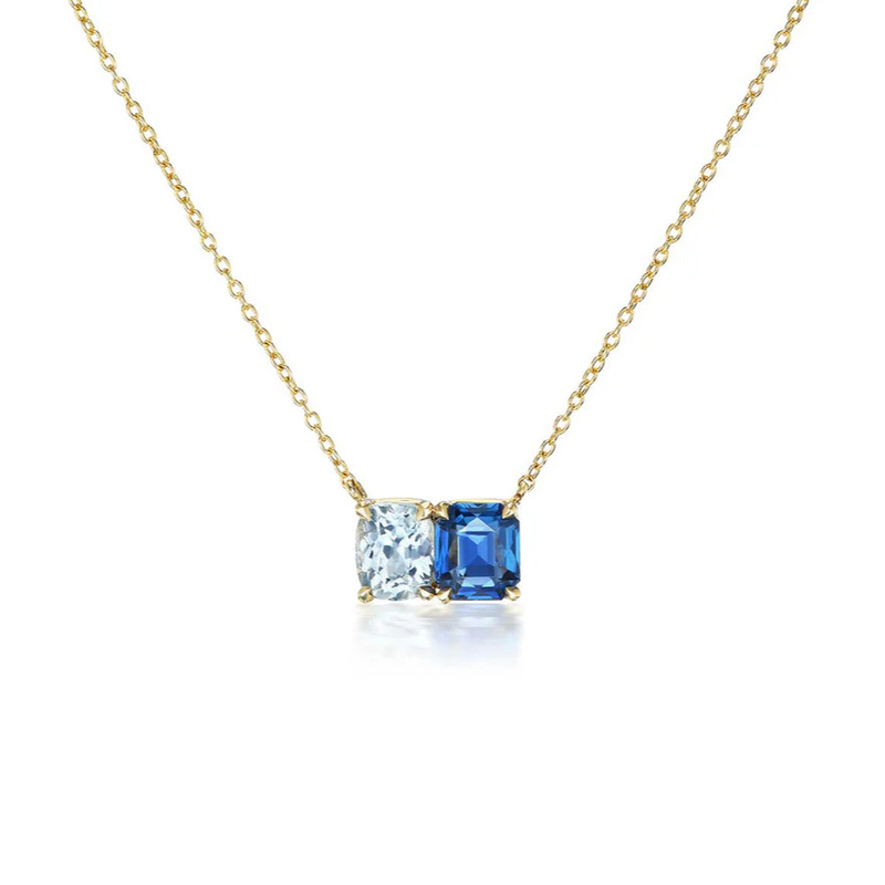 Venta caliente 925 Cushion de plata cortado zafiro y rectángulo cortado blanco zircón color bloque de zircón doble piedra colgante collares