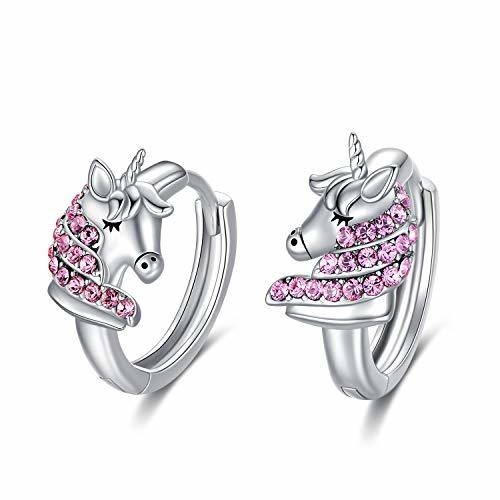 Pendientes de aro Huggie de unicornio de plata de ley 925 de 16 mm con circonitas rosas para niños
