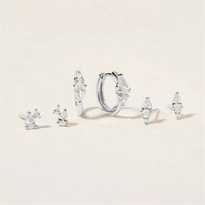 Moderno 18K Oro Revestido Circón Cubico Blanco 925 Plata Esterlina Stud & Huggies Set Ahorros