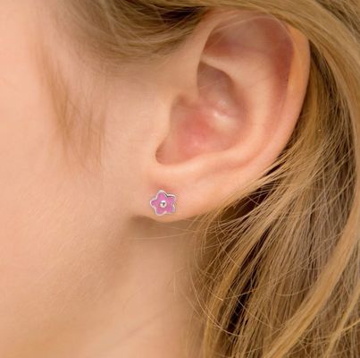 925 de plata esterlina 6mm rosado de esmalte de flores de auriculares con logotipo personalizado y evaluación de terceros para niños