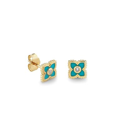 Pendientes de botón de flor mini esmaltados en turquesa chapados en oro de 18K en plata de ley 925