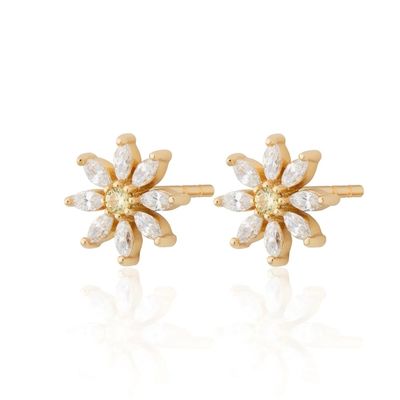 Pendientes de botón con diseño de flor chapados en oro de 18 quilates y plata de ley 925 con engaste de garra y corte marquesa