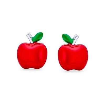 Deliciosos aretes de manzana de esmalte rojo y verde para niñas pequeñas en plata esterlina 925
