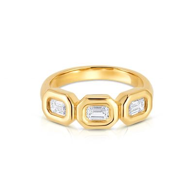 Anillo Triple Esmeralda de Plata Hecho a mano con Piedra de Zircón AAA y Configuración de bisel de oro de 14K