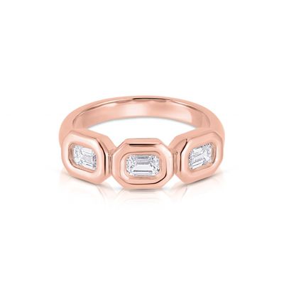 Anillo Triple Esmeralda de Plata Hecho a mano con Piedra de Zircón AAA y Configuración de bisel de oro de 14K