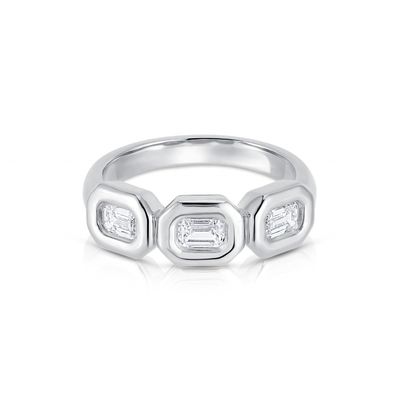 Anillo Triple Esmeralda de Plata Hecho a mano con Piedra de Zircón AAA y Configuración de bisel de oro de 14K