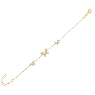 14K Oro Triple Mariposa Brazalete Claros CZ Plata Brazalete 925
