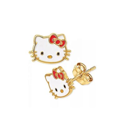 18K Oro Revestido Hello Kitty Enamel Stud Aretes para Niñas en 925 Sterling Plata