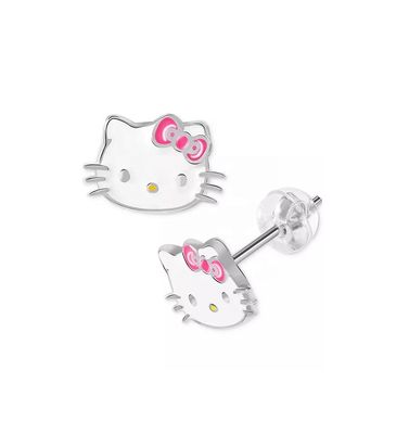18K Oro Revestido Hello Kitty Enamel Stud Aretes para Niñas en 925 Sterling Plata