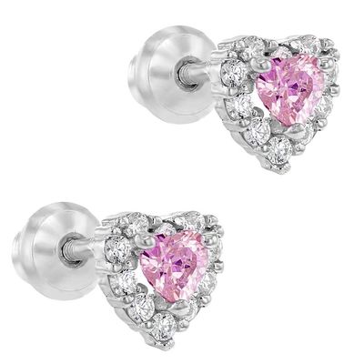 Corazón rosado dorado rosa CZ de tornillo de espalda auriculares para niños en plata esterlina 925