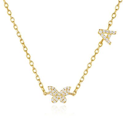 Collar Mini 18K Oro Blanco Micron Pave CZ Mariposa 925 colgante de plata esterlina