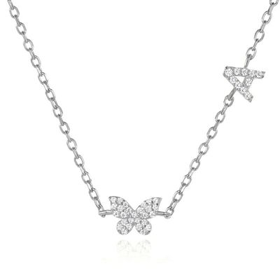 Collar Mini 18K Oro Blanco Micron Pave CZ Mariposa 925 colgante de plata esterlina