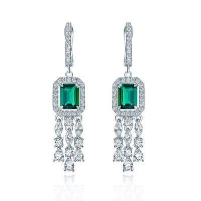 Real plata esterlina 925 Baguette verde CZ Diamante Long Hoop Aretes para el uso unisex
