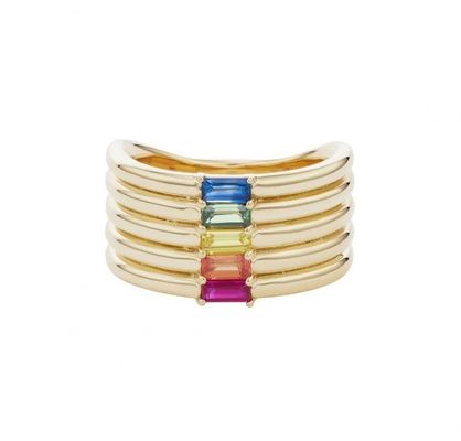 18K Oro Revestido Rainbow Baguette Corte CZ Multi Moda 925 Anillos de Mujeres de Plata Esterlina